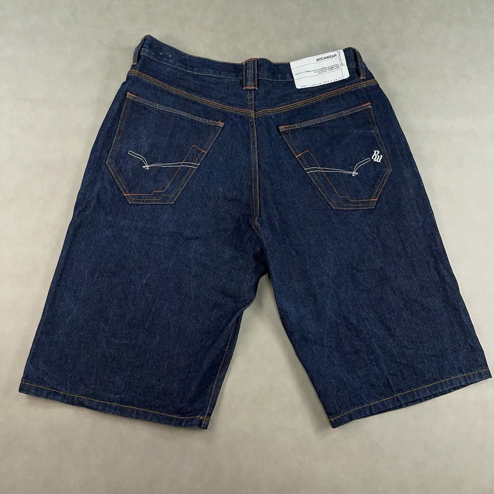 VTG Rocawear Jean Shorts Mens 36 Blue Denim Baggy Skater Y2K Wide Long Hip Hop